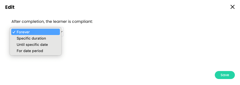 Course, Admin, Compliance page, Edit duration pop-up with Forever selected