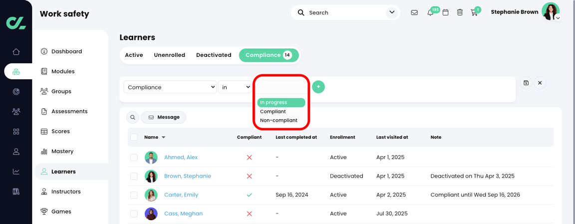 Course, Learners, Compliance page with Compliance in progress filter highlighted
