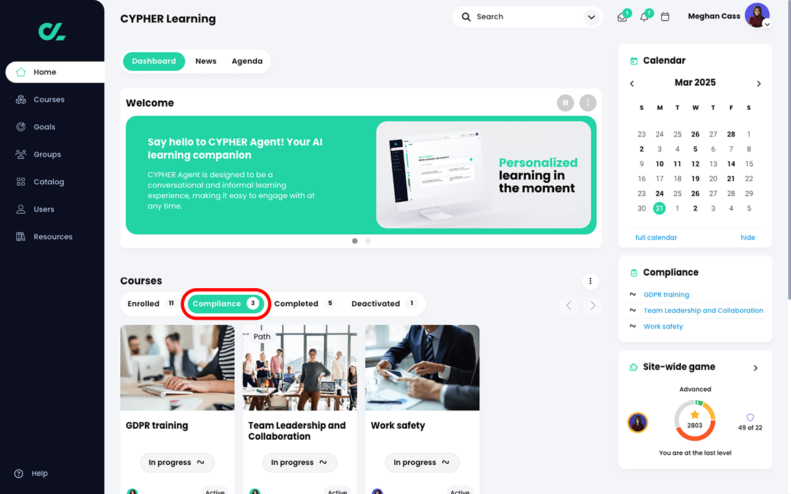 Home dashboard, Courses widget, Compliance tab highlighted