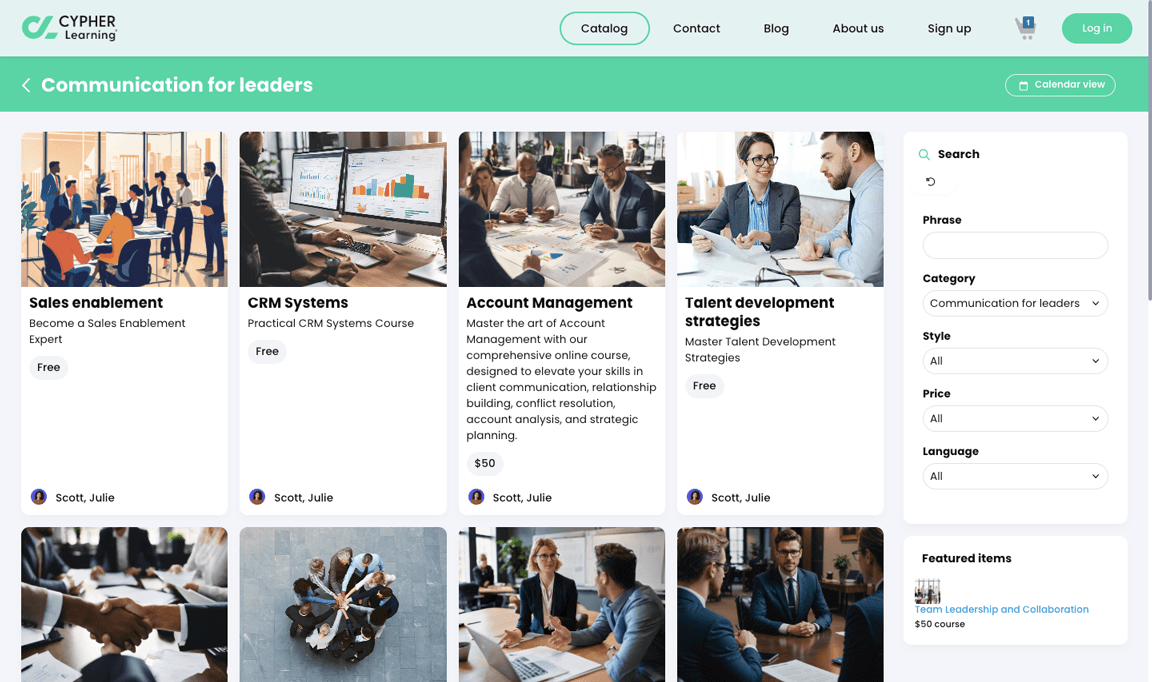 Visitor view, Catalog, Communication for leaders category