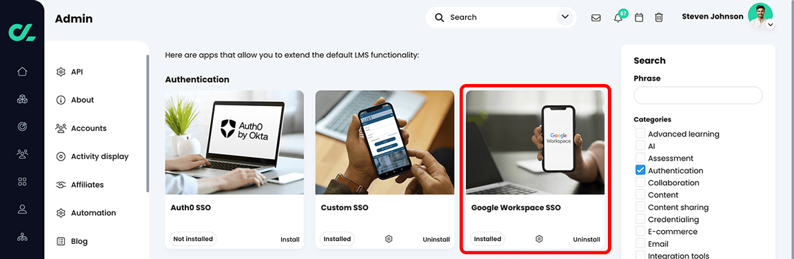 Admin, App center with the Google Workspace SSO app highlighted