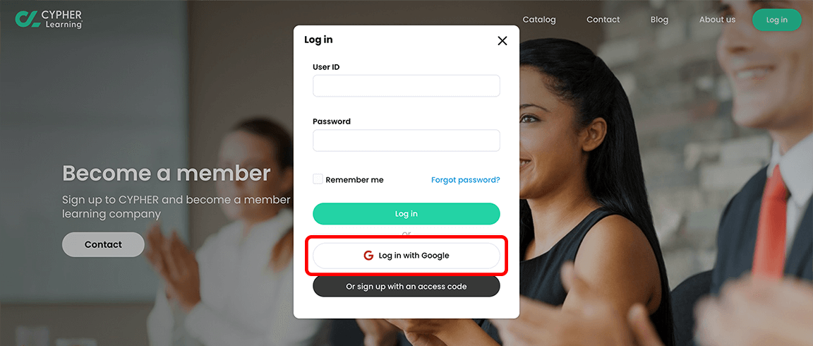 Visitor portal, Log in pop-up with the Log in with Google button highlighted