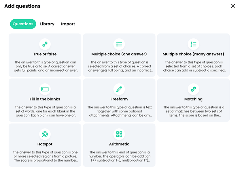 Add questions pop-up, Questions tab