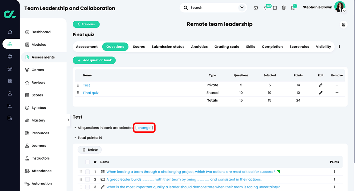 Course, Assessments, Quiz, Questions tab, Question bank section with the change button highlighted