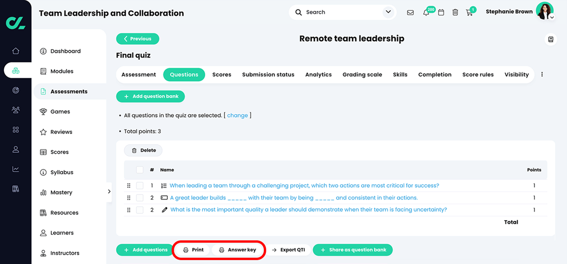 Course, Assessments, Quiz, Questions tab, list of imported questions  with the Print and Answer key buttons highlighted