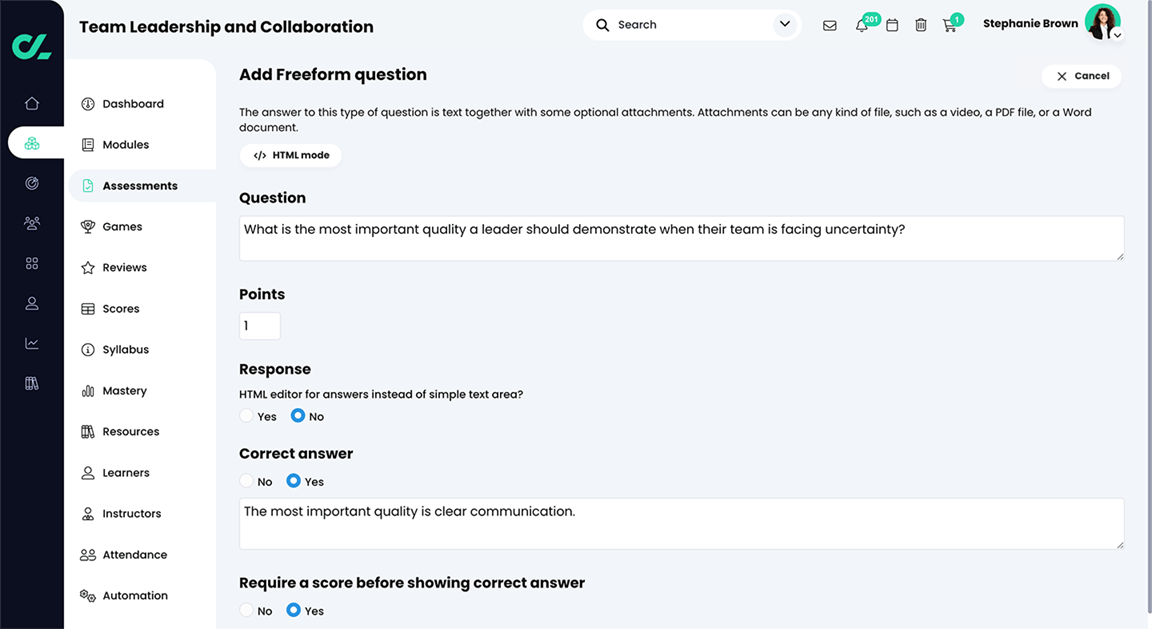 Course, Assessments, Quiz, Add Freeform question page