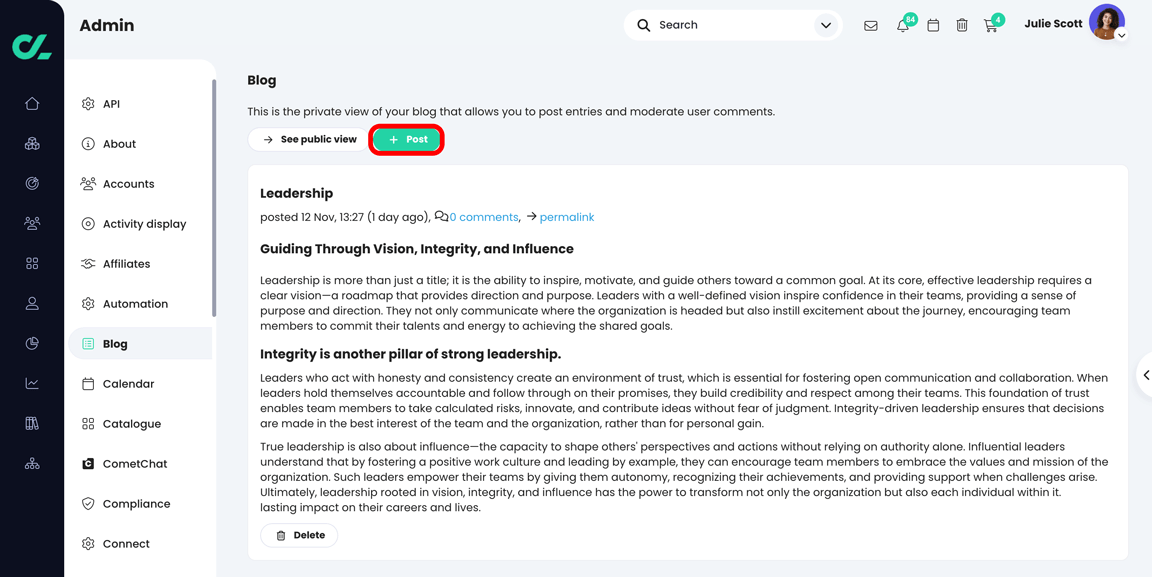 Admin, Blog page with the Post button highlighted