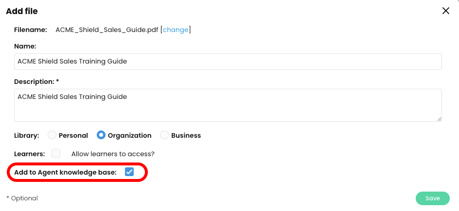 Add file pop-up with a pdf uploaded, Organization selected as the library, and the Add to Agent knowledge base checkbox selected