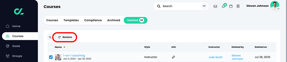 Courses, Deleted tab with a course selected and the Restore button highlighted