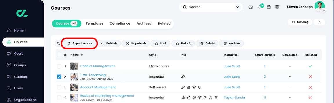 Courses, Courses list with a course selected and the Export scores button highlighted