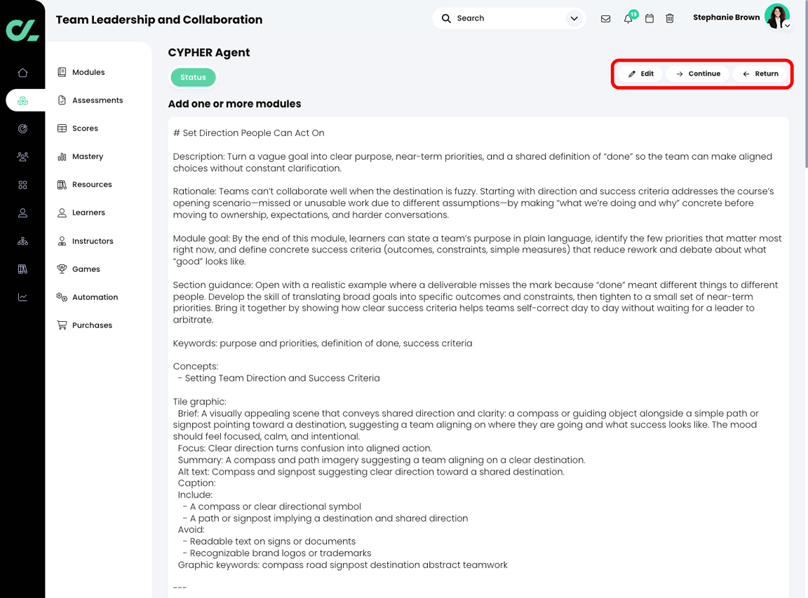 CYPHER Agent Add one or more modules Markdown file, with the Edit, Continue, and Return buttons highlighted
