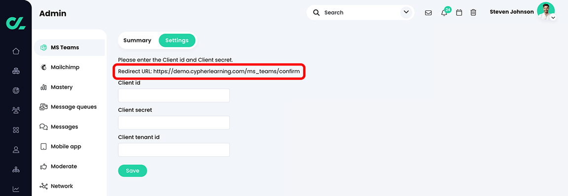 CYPHER platform, MS Teams, Settings tab with the Redirect URL highlighted
