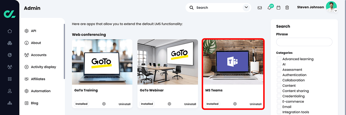 Admin, App center with the MS Teams app highlighted