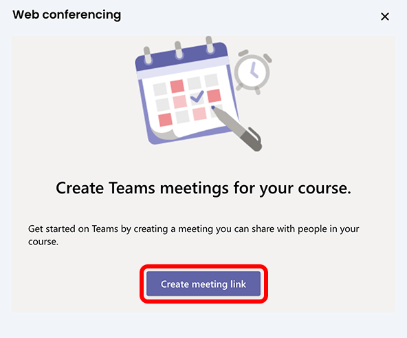 Microsoft Teams Web conferencing pop-up with the Create meeting link button highlighted
