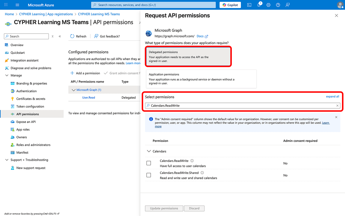 Azue portal, API permissions page with the Delegated permissions and Select permissions sections highlighted on the Request API permissions side menu