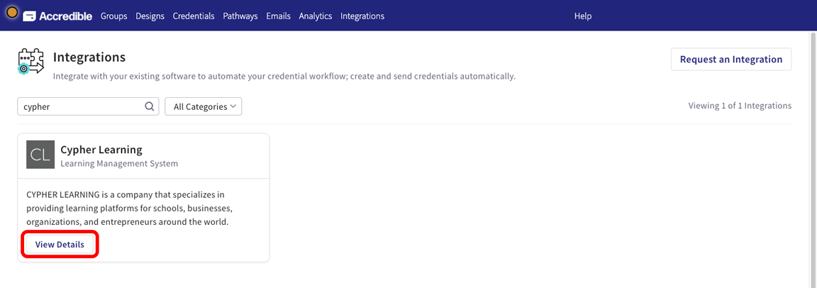 Accredible, Integrations page with cypher entered in the search field and the View Details button highlighted on the CYPHER Learning tile 