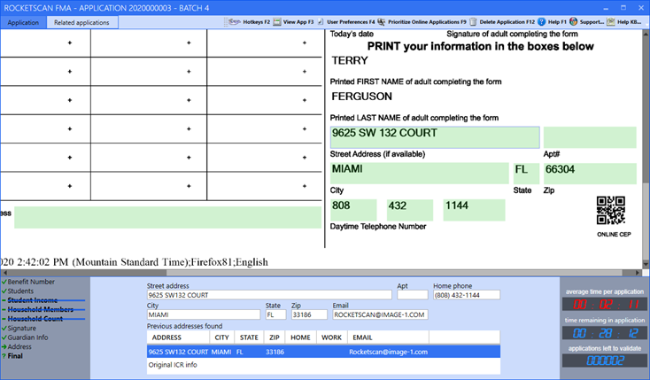 RocketSCAN Validation module showing the Address task.