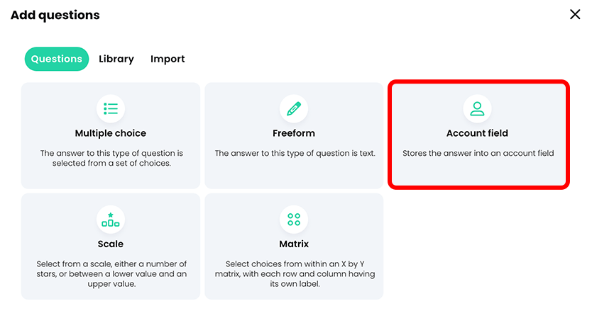 Add questions pop-up with Account field highlighted