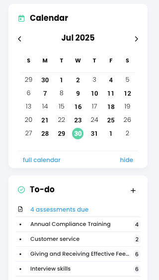 Learner right panel, To-do list with four assessments due