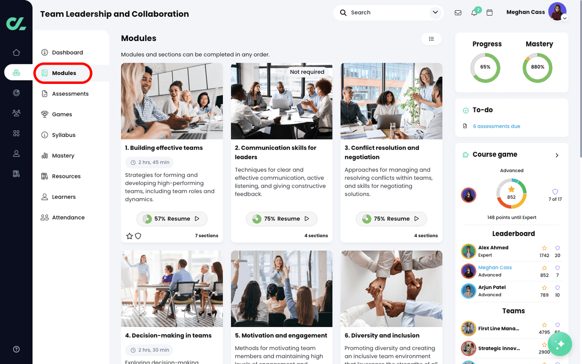 Course, Modules page with Modules highlighted on the course navigation menu