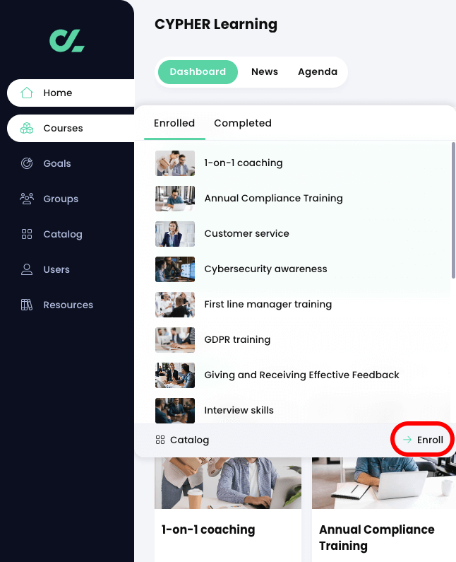 Courses fly-out menu active on the primary navigation menu with the Enroll button highlighted