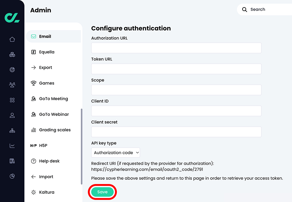 Admin, Email, Configure authentication page with the Save button highlighted