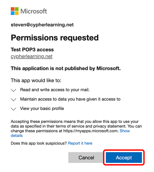 The Microsoft Permissions requested pop-up with the Accept button highlighted