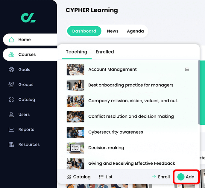 Primary navigation menu, Courses menu active with the Add button highlighted