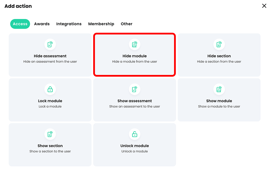 Add action pop-up, Access tab with the Hide module button highlighted
