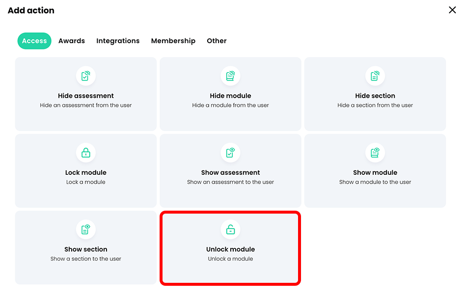Add action pop-up, Access tab with the Unlock module button highlighted