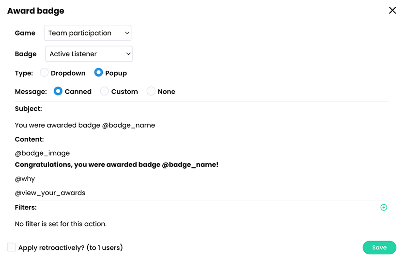 Award badge pop-up with a Game and Badge selected