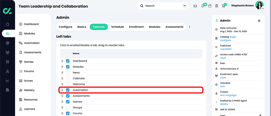 Course, Admin, Features tab with the Automation checkbox selected and highlighted
