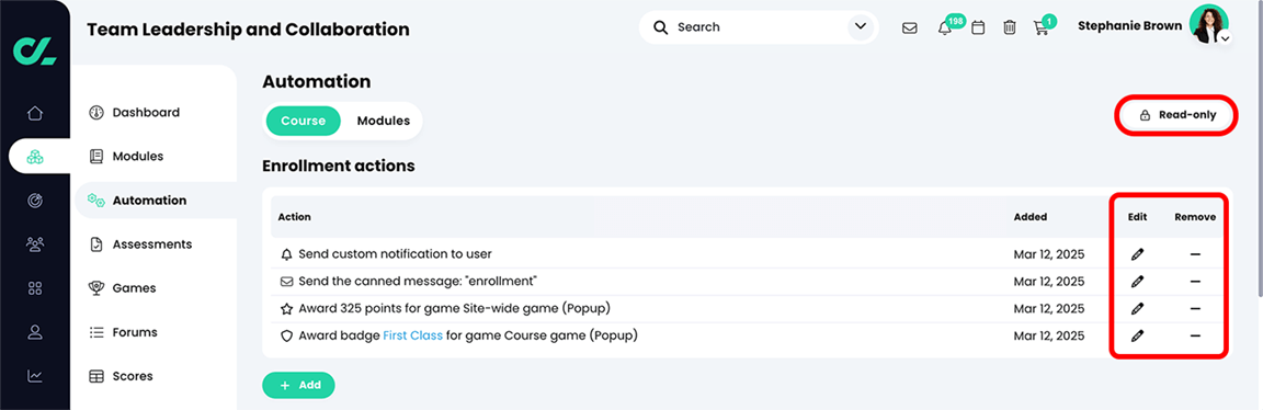 Course, Automation, Course tab with the Read-only button highlighted as well as the Edit and Remove buttons highlighted in the Enrollment actions section