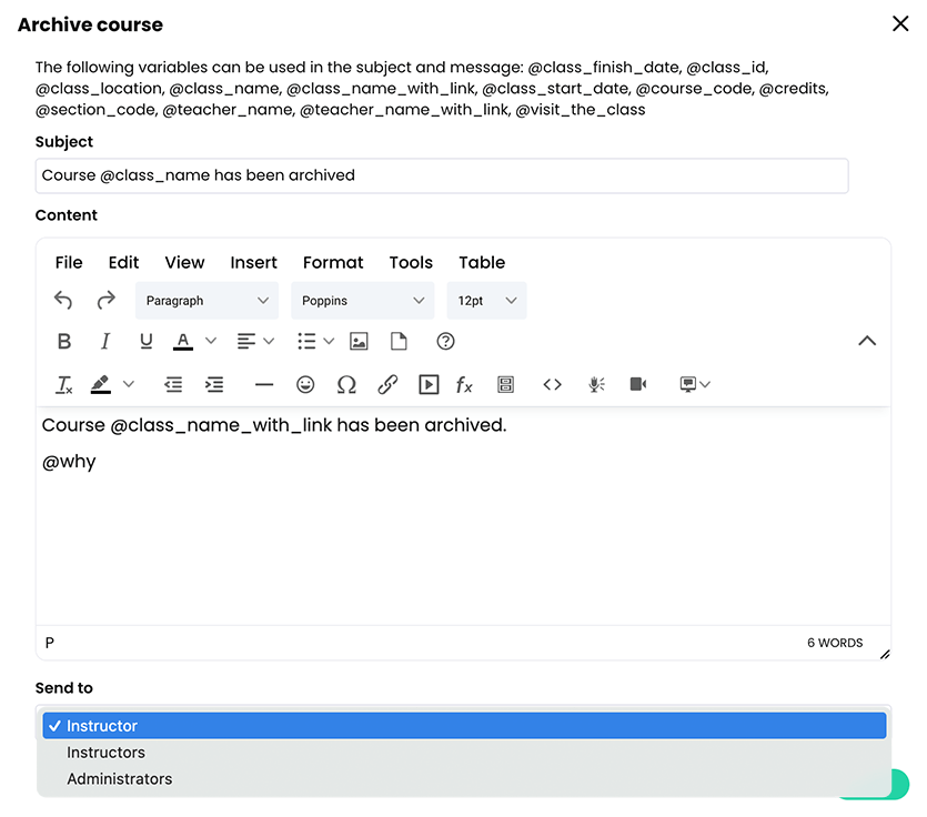 Archive course pop-up with the Send to menu active
