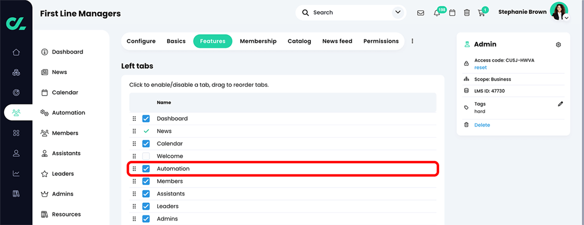 Group, Admin, Features tab with the Automation checkbox selected and highlighted
