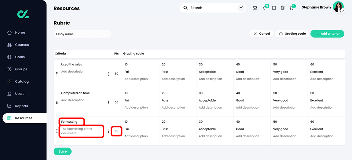 Resources, Rubric with the criterion name, description, and points highlighted