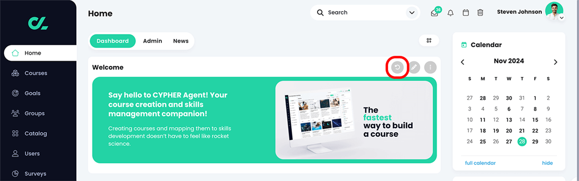 Home dashboard, banner widget with its Reset button highlighted