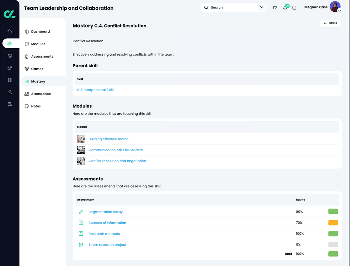Learner perspective of a course, Mastery page, individual skill details page