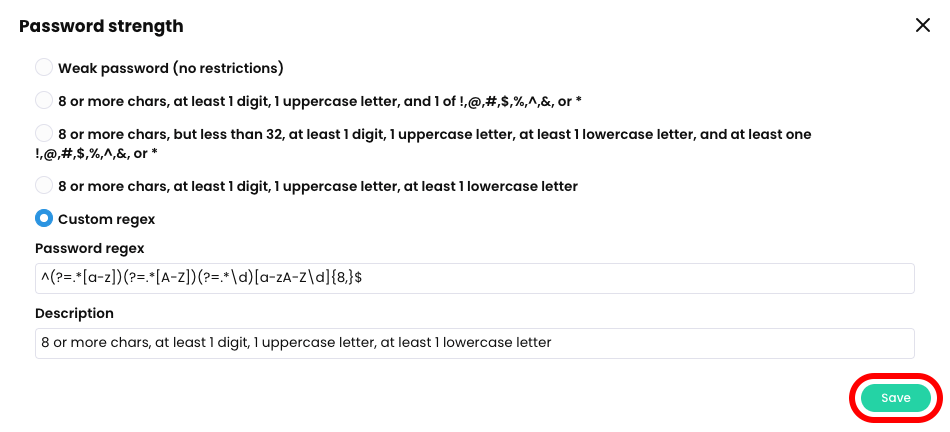 Password strength pop-up with the Save button highlighted
