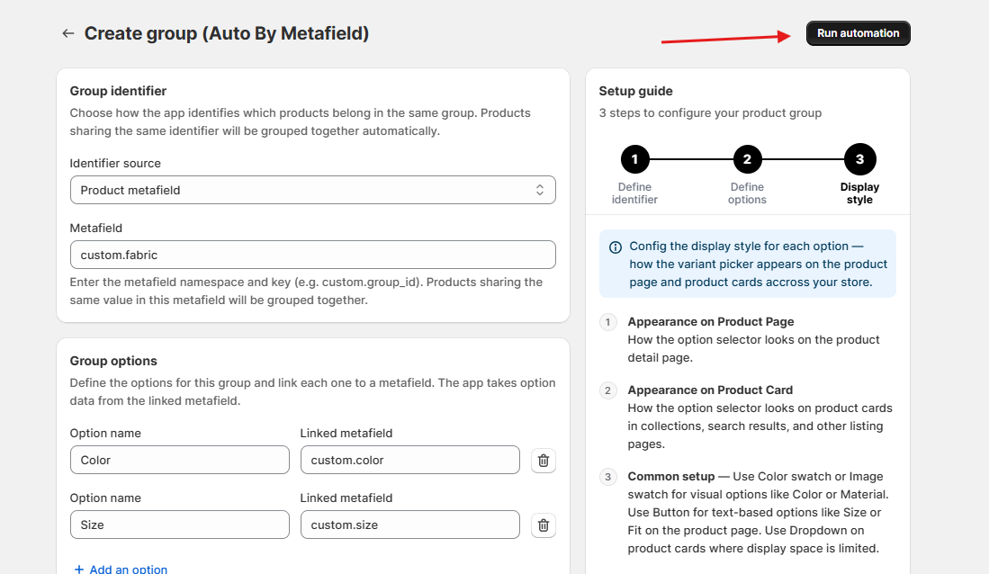 run auto group product by metafields