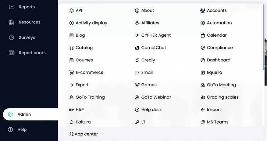 Admin menu active from the primary navigation menu