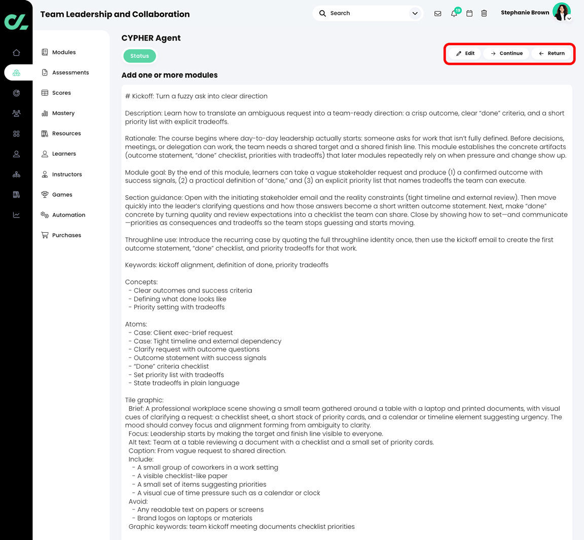 CYPHER Agent Add one or more modules Markdown file, with the Edit, Continue, and Return buttons highlighted