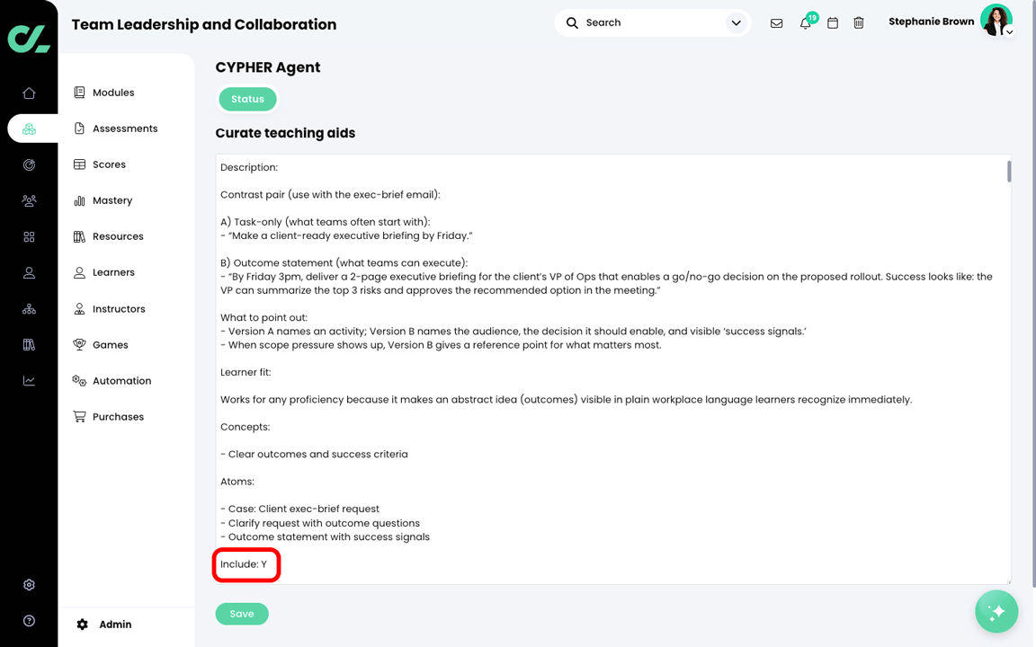 CYPHER Agent Curate teaching aids Markdown file in Edit mode, with the Include field highlighted