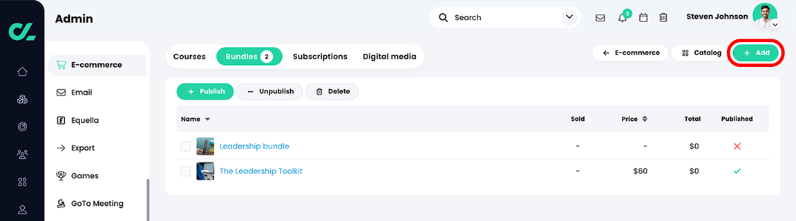 Admin, E-commerce, Bundles tab with the Add button highlighted