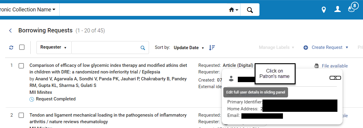 Request showing patron information