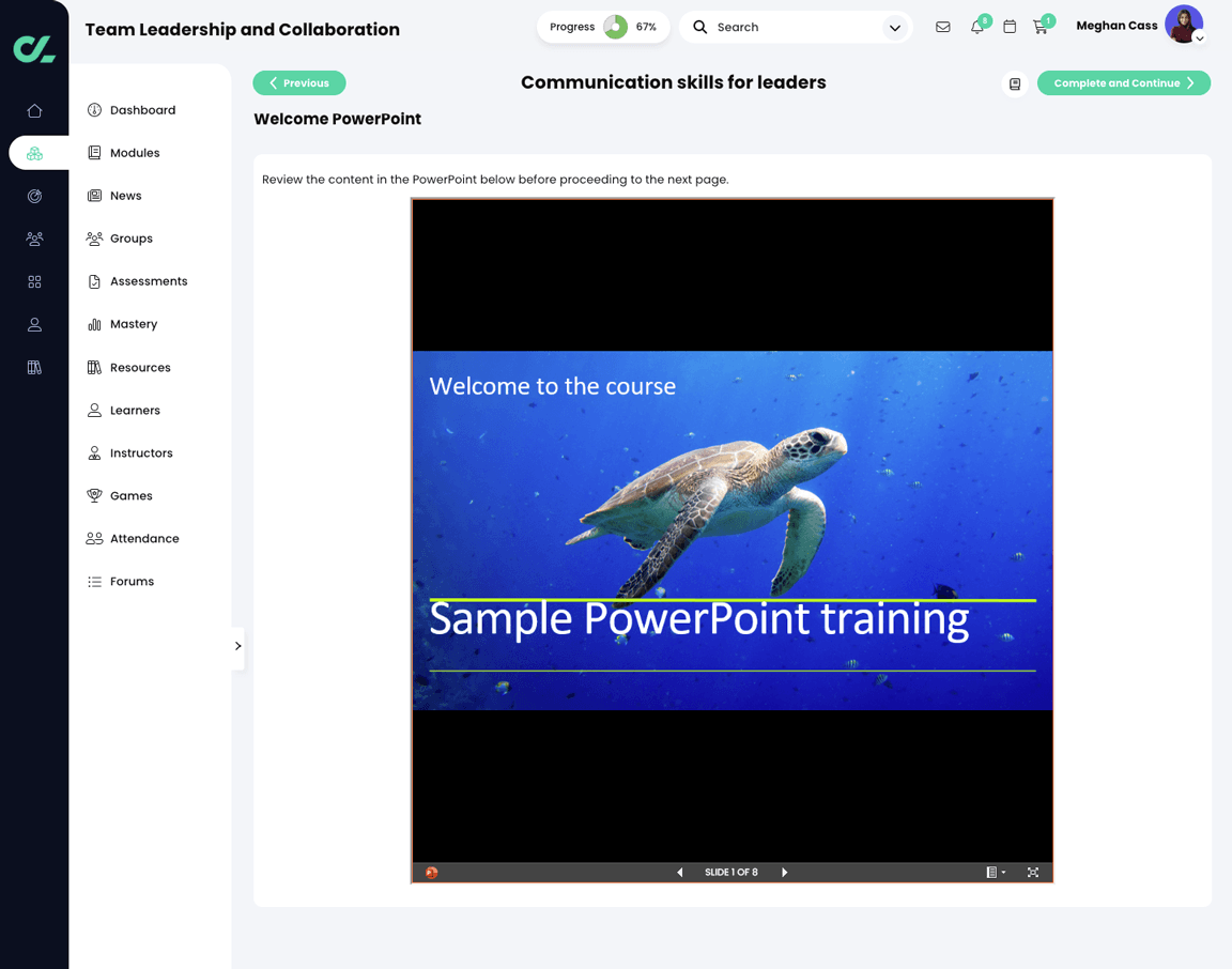 Learner view of the course, File section with the sample Powerpoint embedded on the page