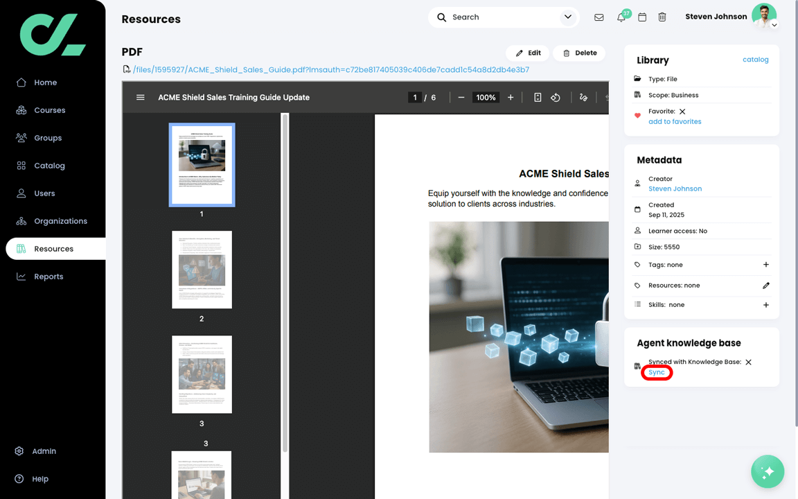 Resource page with Sync highlighted in the Agent knowledge base widget in the right panel