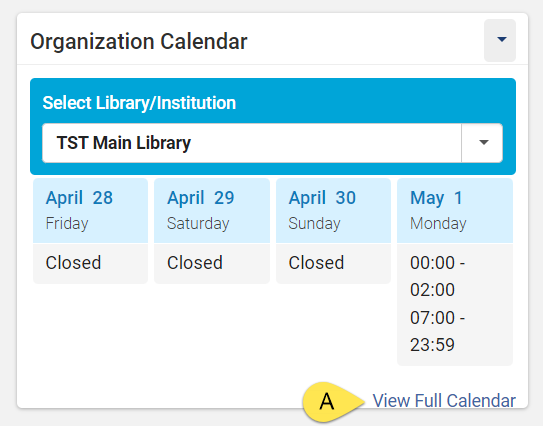 Screenshot of Org Calendar Widget highlighting view full calendar with yellow arrow (A).