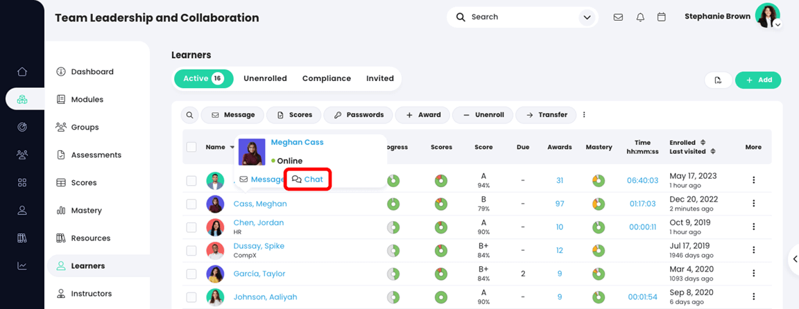 Course, Learners page highlighting the Chat link that becomes visible when hovering over a learner's name