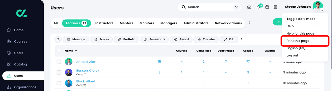 Users, Learners tab with the Profile menu active and Print this page highlighted